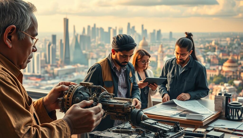 A vibrant fusion of traditional and modern engineering techniques, showcased in a dynamic scene. In the foreground, a skilled artisan meticulously crafts a intricate mechanical device, blending time-honored methods with cutting-edge materials. The middle ground reveals a collaborative workspace, where engineers from diverse backgrounds huddle over digital schematics, exchanging ideas and insights. In the background, a sweeping panorama of towering skyscrapers and ancient monuments symbolizes the global integration of knowledge. Warm, diffused lighting casts a contemplative glow, while a wide-angle lens captures the seamless harmony of this hybrid engineering approach.