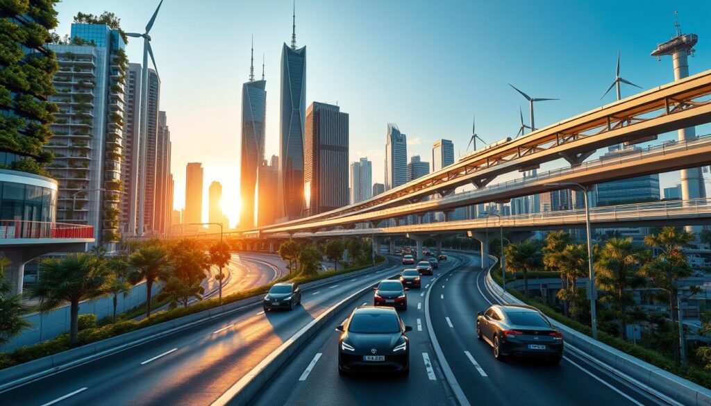 A vibrant, futuristic cityscape with modern, eco-friendly infrastructure at its core. In the foreground, sleek electric vehicles glide silently along gleaming, solar-powered roads. In the middle ground, towering skyscrapers with vertically integrated greenery and wind turbines on their rooftops. In the background, a sprawling network of elevated light rail, monorails, and pedestrian walkways, all powered by renewable energy sources. The scene is bathed in a warm, golden glow from the setting sun, conveying a sense of optimism and progress towards a sustainable future.