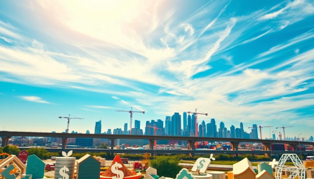A vibrant, high-resolution image of infrastructure financing mechanisms. In the foreground, a mix of financial symbols and icons representing various funding sources - government grants, public-private partnerships, bonds, and innovative financing tools. In the middle ground, a city skyline with cranes and construction sites, symbolizing ongoing infrastructure projects. In the background, a blue sky with wispy clouds, conveying a sense of optimism and progress. The lighting is warm and natural, creating a soft, inviting atmosphere. The composition utilizes a wide-angle lens to capture the scope and scale of the scene, with a focus on the interplay between public and private financing mechanisms driving infrastructure development.