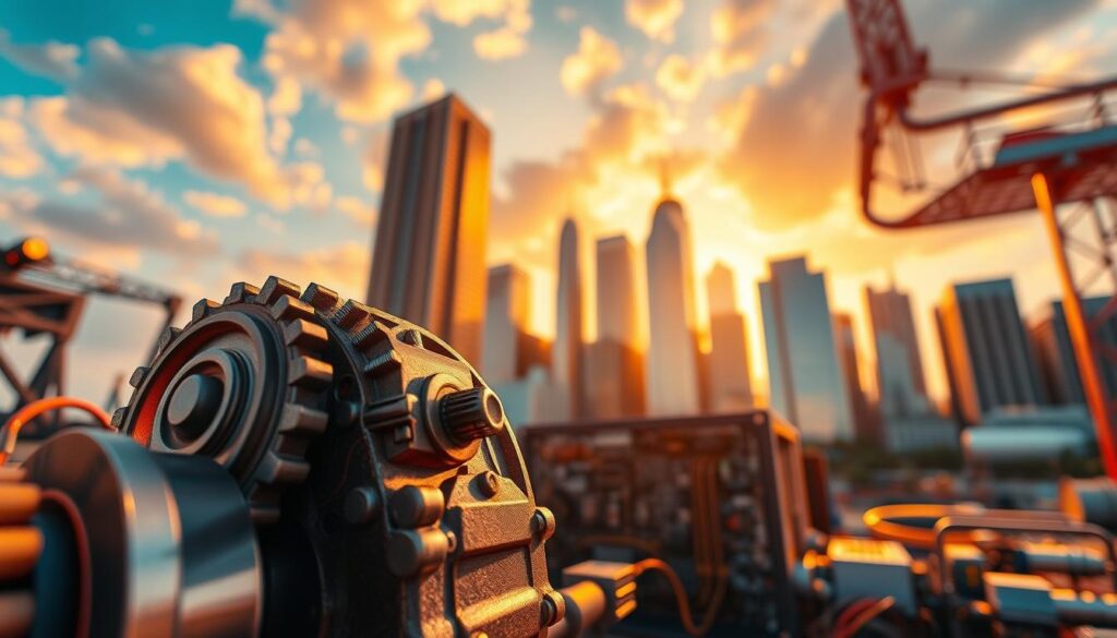 A vibrant illustration of popular engineering disciplines, captured through a wide-angle lens with a shallow depth of field. In the foreground, a 3D model of a mechanical engineering assembly, intricate gears and pistons displayed in crisp detail. In the middle ground, a circuit board and computer components representing electrical and computer engineering. The background showcases a soaring skyline of skyscrapers, symbolizing civil and structural engineering. Warm, golden lighting casts a dynamic, almost cinematic mood, evoking the excitement and innovation of these diverse fields.