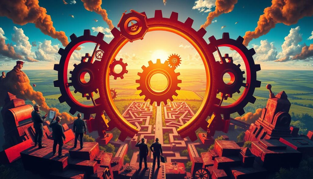 A vibrant illustration of project risk management, featuring a central tableau of interlocking gears and mechanisms, symbolizing the complex web of risks and mitigation strategies. The foreground showcases a team of project managers, each brandishing a different tool - a spreadsheet, a risk matrix, a dashboard - against a backdrop of looming obstacles and potential pitfalls. The middle ground is a labyrinth of interconnected paths, representing the various risk scenarios and contingency plans. In the distance, a serene horizon of green fields and blue skies, suggesting the ultimate goal of successful project delivery, illuminated by dramatic, cinematic lighting and a wide-angle lens to convey a sense of scale and grandeur.