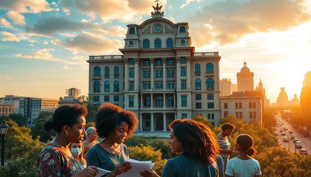 A vibrant landscape showcasing a diverse array of capacity building grant opportunities. In the foreground, a group of individuals from various backgrounds collaboratively planning and discussing potential projects, their expressions conveying a sense of empowerment and determination. The middle ground features a large, ornate building with an elegant facade, representing a prominent funding organization disbursing grants to support community initiatives. In the background, a cityscape with modern high-rises and bustling streets, symbolizing the urban landscape where these capacity building efforts take place. The scene is illuminated by warm, golden lighting, creating a feeling of hope and opportunity. The overall composition conveys the intersection of funding, community engagement, and the transformative potential of capacity building initiatives.