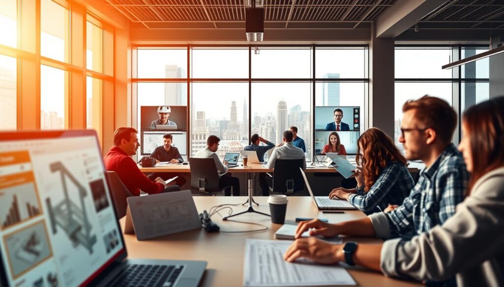 A vibrant online learning environment for structural engineering, with students intently focused on their coursework. The foreground features a clean, modern user interface displaying various course modules and interactive simulations. In the middle ground, diverse learners of all ages and backgrounds collaborate in virtual breakout rooms, discussing design principles and analyzing project plans. The background showcases a sleek, minimalist workspace with large windows overlooking a bustling cityscape, conveying a sense of productivity and inspiration. Warm, natural lighting creates a inviting atmosphere, while the camera angle suggests an immersive, eye-level perspective, drawing the viewer into the engaging educational experience.