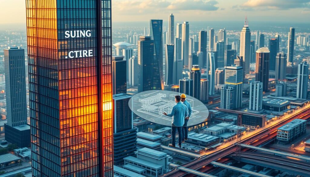 A vibrant, photorealistic illustration of Building Information Modeling (BIM) in a modern architectural context. In the foreground, a 3D model of a high-rise office building, its sleek glass and steel façade gleaming under warm, directional lighting. In the middle ground, a team of architects and engineers collaborating around a holographic display, immersed in the digital blueprints. The background depicts a bustling smart city skyline, with skyscrapers, transportation networks, and renewable energy infrastructure. The scene conveys the integration of BIM technology into the design, construction, and management of intelligent, sustainable urban environments.