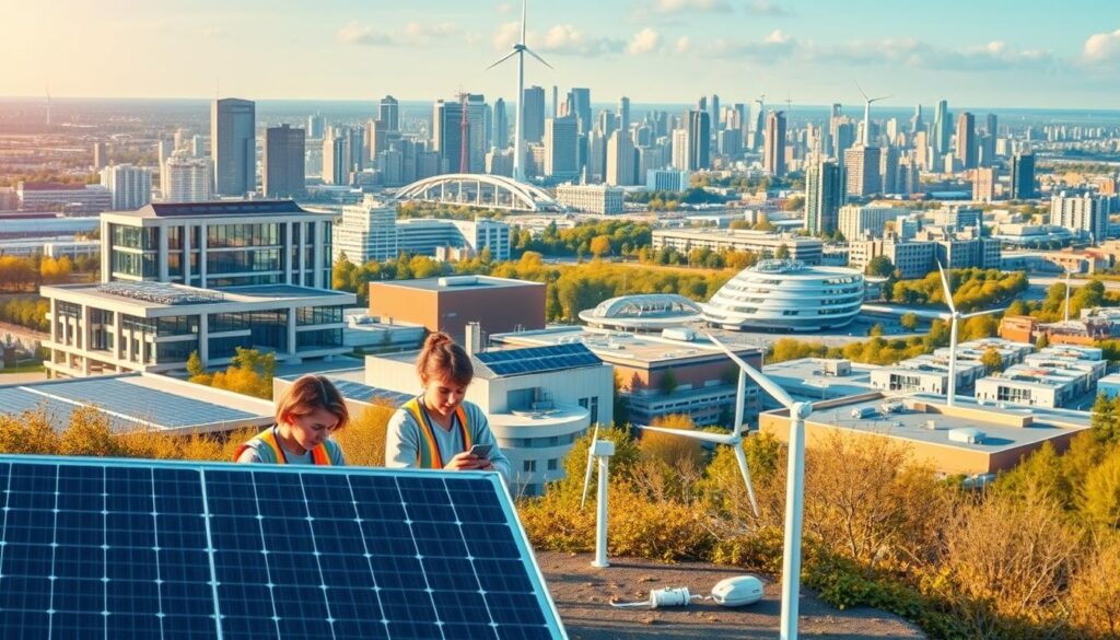 A vibrant, photorealistic scene depicting renewable energy integration in civil engineering. In the foreground, a group of young engineering students engages in a hands-on project, assembling solar panels and wind turbines. The mid-ground showcases a modern, sustainable campus building with integrated renewable energy systems, including rooftop solar arrays and a small-scale hydroelectric generator. In the background, a sprawling cityscape with skyscrapers and infrastructure, all powered by a diverse array of renewable energy sources. The scene is illuminated by warm, natural lighting, conveying a sense of progress, innovation, and a sustainable future for civil engineering.