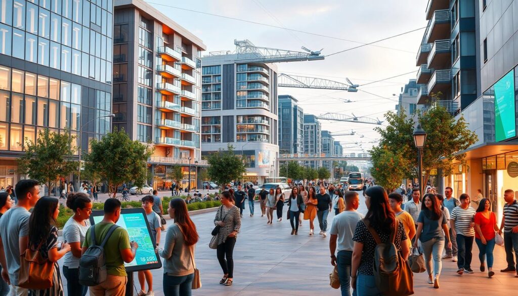 A vibrant scene of community engagement in a smart city. In the foreground, a diverse group of residents gather around a digital kiosk, discussing plans and ideas for their neighborhood. Mid-ground, people of all ages stroll along a bustling pedestrian plaza, surrounded by sleek, eco-friendly buildings with integrated renewable energy systems. In the background, a network of intelligent transportation modes - autonomous vehicles, bike-shares, and efficient public transit - seamlessly connect the community. The lighting is warm and inviting, creating a sense of inclusivity and civic pride. Capture the dynamic interplay between technology, sustainability, and community empowerment in this vision of a thriving smart city.
