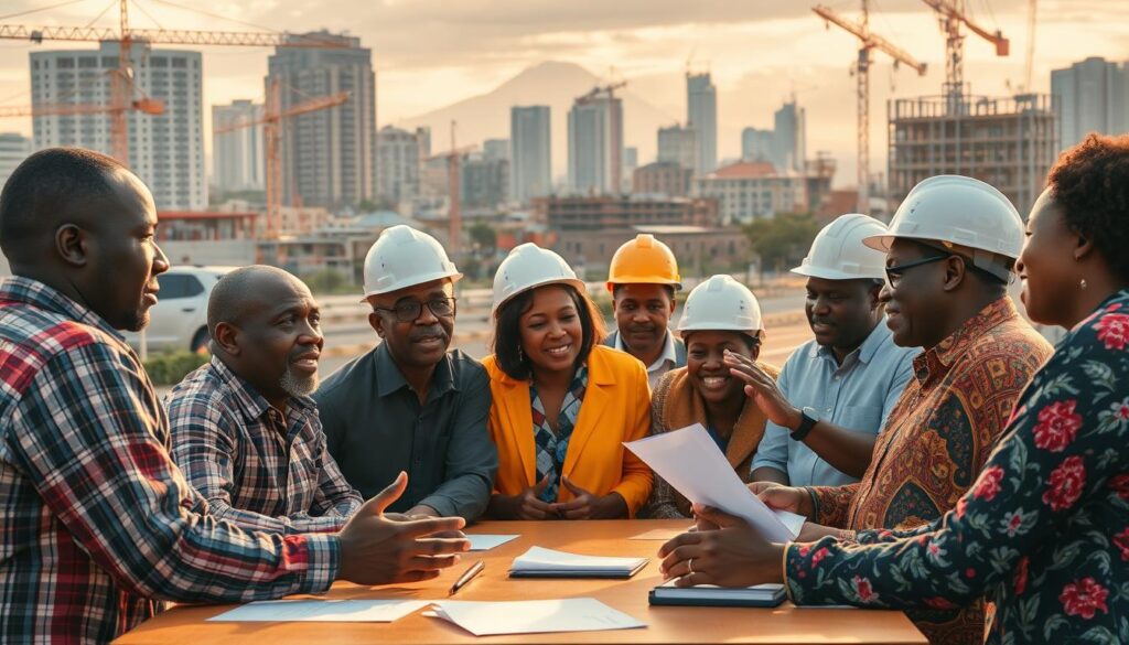 A vibrant scene of community engagement in the heart of Nairobi, Kenya. In the foreground, a group of local residents, men and women of diverse ages, gather around a table, engaged in lively discussions about an infrastructure project. They gesture animatedly, their expressions reflecting a sense of investment and ownership. In the middle ground, civil engineers in hard hats collaborate with the community members, actively listening and taking notes. The background features a bustling construction site, with cranes and scaffolding rising against a backdrop of modern skyscrapers and the iconic silhouette of Mount Kenya. Warm, golden lighting casts a sense of camaraderie and shared purpose, highlighting the collaborative nature of this civic endeavor.