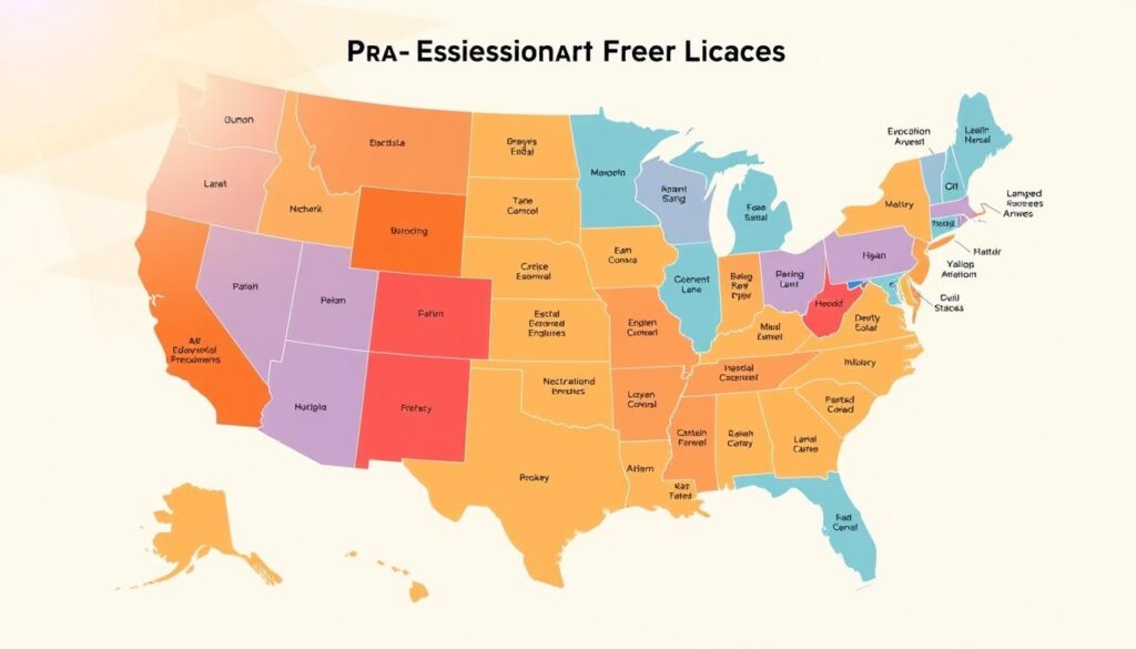 A vibrant state-by-state map of the United States, showcasing the distinct requirements for obtaining a Professional Engineer (PE) license in the field of civil engineering. The map is rendered in a clean, infographic style, with each state represented by a detailed polygon shape. Subtle gradients and minimalist icons convey the key details, such as educational prerequisites, exam requirements, and experience thresholds. The overall composition is balanced and visually engaging, inviting the viewer to explore the nuances of the licensing process across the nation. Warm, natural lighting and a crisp, modern aesthetic create a sense of professionalism and authority, reflecting the gravity of the subject matter.