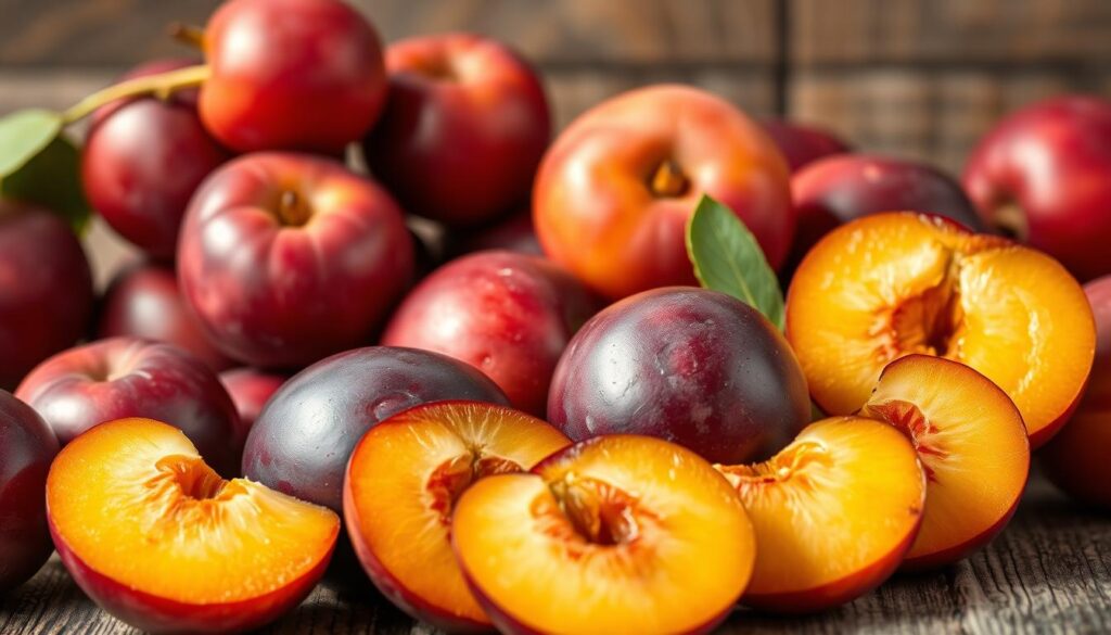 A vibrant still life depicting the nutritional benefits of plums. In the foreground, a cluster of plums in varying shades of deep purple and red, their soft skin reflecting the warm, natural lighting. In the middle ground, sliced plums reveal their juicy, amber-colored flesh, showcasing their high vitamin C and fiber content. The background features a rustic wooden surface, highlighting the organic, wholesome nature of the fruit. The composition is balanced and inviting, capturing the essence of plums' impressive nutritional profile in a visually captivating manner.