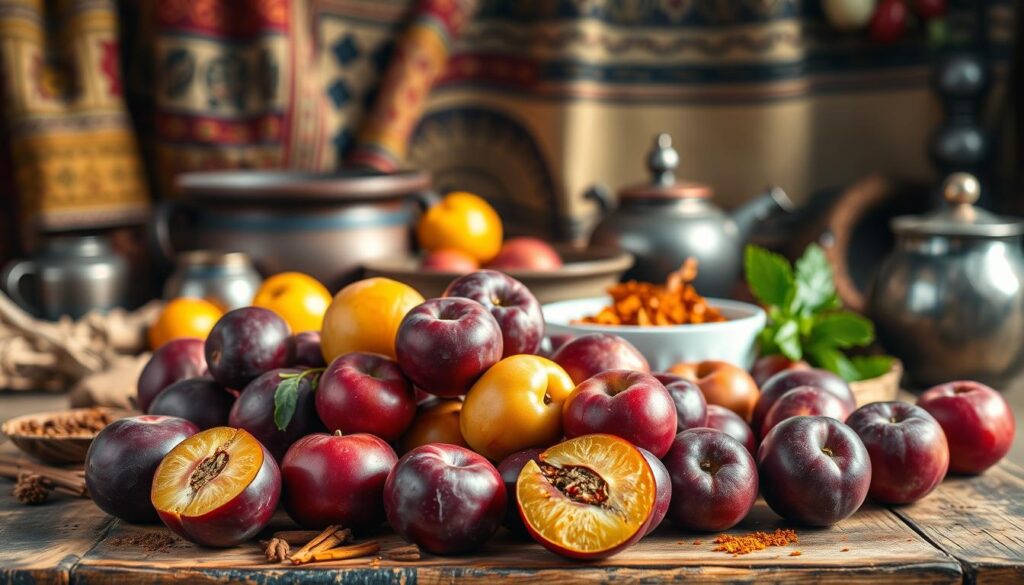 A vibrant still life showcasing plums in global culinary traditions. In the foreground, a variety of plum cultivars - deep purple, golden yellow, blushing red - arranged artfully on a rustic wooden table. Surrounding them, an array of spices, herbs, and condiments hinting at the many ways plums are incorporated into diverse cuisines - chutneys, sauces, marinades, and more. In the middle ground, glimpses of traditional cookware and tableware from across the world, representing the global reach of this versatile fruit. The background subtly evokes cultural influences, with a soft focus on a backdrop of textured fabrics, ornate textiles, and hints of architectural details. Warm, natural lighting casts a gentle glow, highlighting the lustrous skins and juicy flesh of the plums. An image that celebrates the culinary journey of this beloved stone fruit.