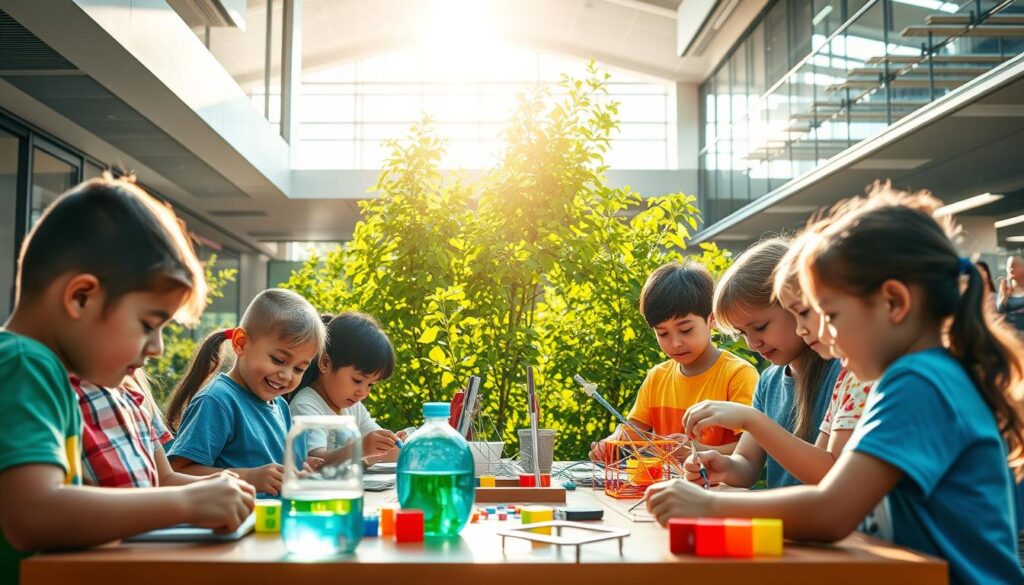 A vibrant summer STEM activity scene. In the foreground, a group of diverse children engaged in hands-on experiments, building colorful structures, and exploring the natural world. Sunlight filters through lush foliage in the middle ground, casting a warm, golden glow. In the background, a modern STEM education facility with sleek architecture and state-of-the-art equipment. The atmosphere is one of curiosity, discovery, and intellectual excitement, capturing the essence of seasonal STEM projects that spark creativity and inspire young minds.