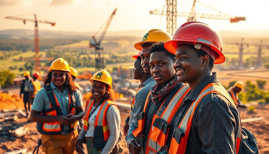 A vibrant, sun-drenched scene of a bustling African civil engineering worksite. In the foreground, a diverse team of interns diligently collaborate, their safety gear and tools glinting in the warm light. In the middle ground, cranes and machinery tower, constructing a modern infrastructure project. The background reveals a panoramic view of the lush, rolling African landscape, hinting at the continent's vast potential for development. The mood is one of opportunity, progress, and a sense of making a tangible impact. Crisp, high-resolution, photorealistic.