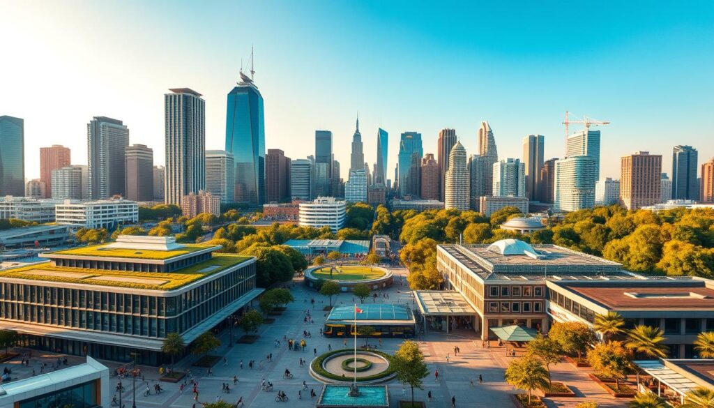 A vibrant, sustainable city skyline reflecting the historical context of civil society's role in infrastructure development. In the foreground, a bustling urban plaza with pedestrians, cyclists, and public transportation. The middle ground features a mix of modern, eco-friendly buildings with green roofs and solar panels. In the background, towering skyscrapers are interspersed with lush parks and gardens. Warm, diffused lighting casts a golden glow, conveying a sense of progress and harmony between the built environment and nature. The scene is captured through a wide-angle lens, emphasizing the scale and integration of sustainable urban planning.