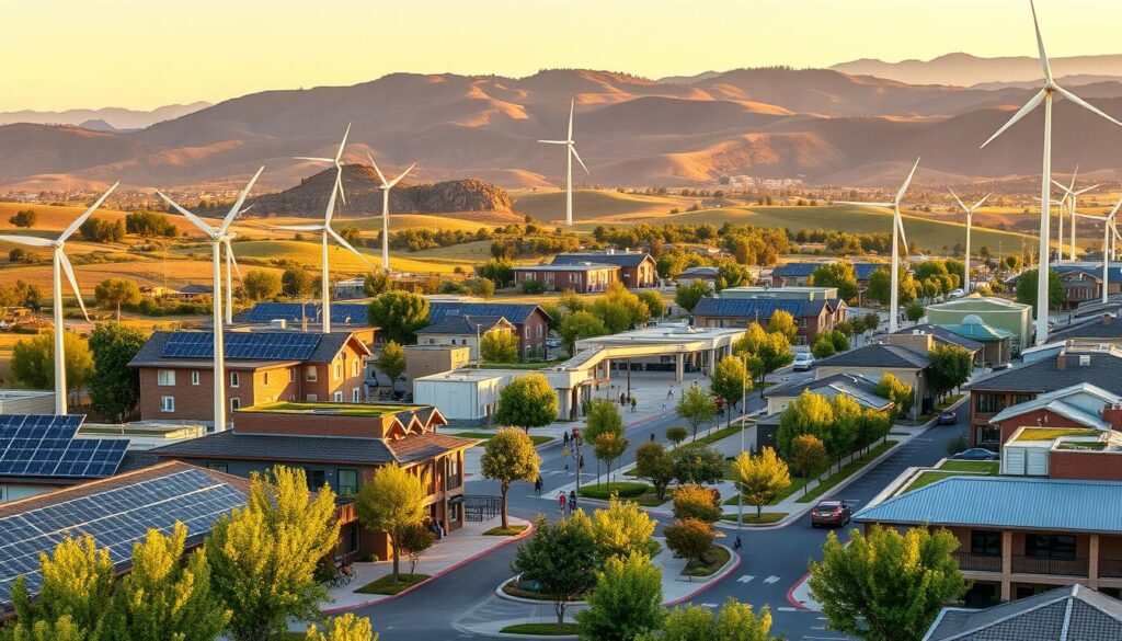 A vibrant, sustainable community development scene with modern, energy-efficient infrastructure. In the foreground, solar panels, wind turbines, and geothermal wells power a cluster of low-rise, eco-friendly buildings with green roofs and smart energy systems. In the middle ground, pedestrian-friendly streets lined with trees and bike lanes connect a central plaza with a public transportation hub. In the background, rolling hills and a clear sky create a serene, natural backdrop. The scene is illuminated by warm, golden hour lighting, conveying a sense of harmony between human habitats and the surrounding environment.