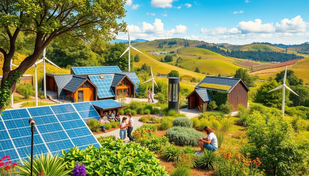 A vibrant, sustainable education campus nestled in a lush, eco-friendly landscape. The foreground features a group of diverse students engaged in hands-on learning activities, surrounded by solar panels, wind turbines, and verdant gardens. The middle ground showcases innovative green architecture with living walls, rainwater harvesting, and energy-efficient design. In the background, rolling hills dotted with native flora create a serene, nature-inspired backdrop. Warm, natural lighting illuminates the scene, conveying a sense of harmony and environmental consciousness. This image embodies the principles of sustainability, interdisciplinary learning, and community engagement that define the future of education.