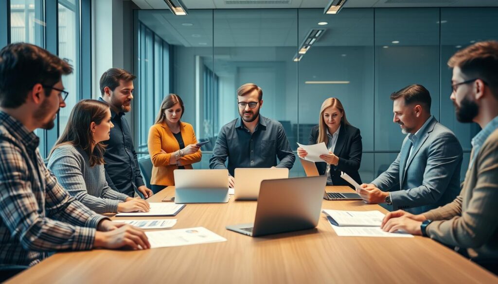 A vibrant team of project management professionals, each with a distinct role and responsibility, gathered in a modern, well-lit conference room. In the foreground, the project manager stands at the head of the table, leading a lively discussion. To the sides, the business analyst and the quality assurance specialist collaborate, their expressions focused and engaged. In the middle ground, the software developer and the UI/UX designer review wireframes and design concepts, their laptops open and their gestures animated. In the background, the procurement specialist and the risk manager confer, their brows furrowed as they strategize. The atmosphere is one of productive collaboration, with each team member contributing their unique expertise to the project's success.