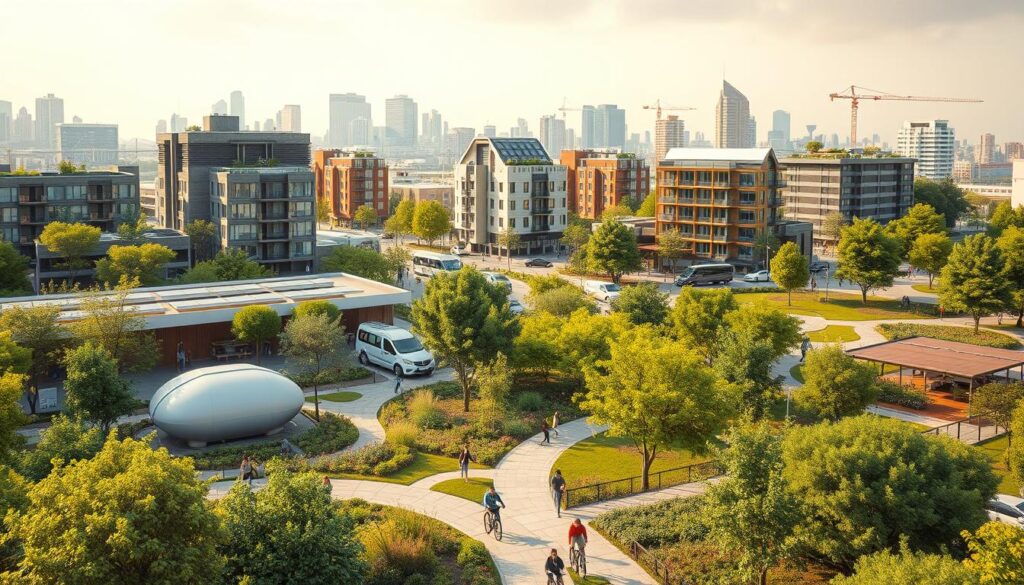 A vibrant urban landscape showcasing eco-friendly planning principles. In the foreground, lush green parks and community gardens thrive, with pedestrians and cyclists enjoying the sustainable infrastructure. The middle ground features multi-story residential and commercial buildings with solar panels and green roofs, blending seamlessly with the natural environment. In the background, sleek electric vehicles and efficient public transportation systems suggest a city committed to reducing its carbon footprint. Warm, diffused lighting illuminates the scene, creating a serene and inviting atmosphere that prioritizes community well-being and environmental responsibility.