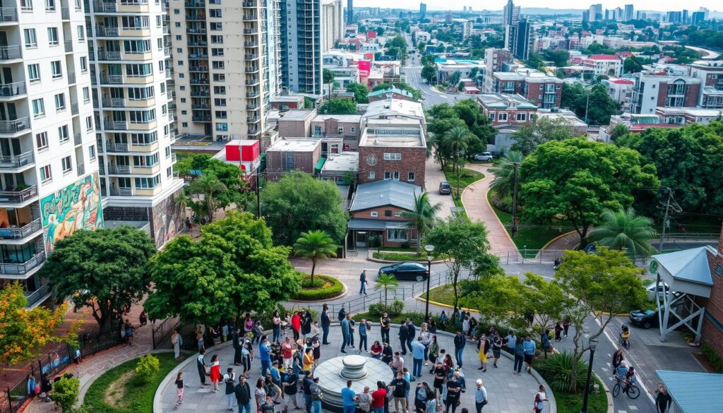 A vibrant urban landscape, where modern high-rises and bustling streets intertwine with lush greenery and community spaces. In the foreground, a diverse group of people gather around a central gathering point, engaged in lively discussion and shared activities. The middle ground showcases a mix of residential and commercial buildings, their facades adorned with murals and public art, reflecting the area's rich cultural heritage. In the background, a network of walkways and bike lanes weaves through the neighborhood, connecting residents to essential services and amenities. Soft, warm lighting casts a welcoming glow, creating a sense of belonging and community pride.