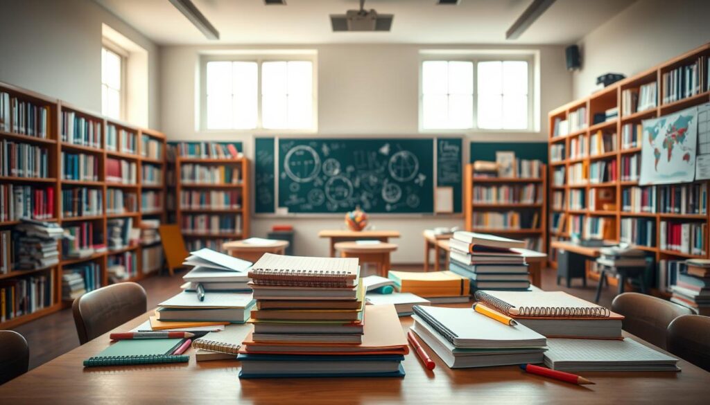 A vibrant, well-lit classroom filled with an array of educational materials. In the foreground, a collection of textbooks, notebooks, and stationery neatly arranged on a wooden desk. The middle ground features a chalkboard or whiteboard with colorful diagrams and notes scribbled across it, creating an atmosphere of active learning. In the background, bookshelves line the walls, overflowing with volumes on various subjects. Soft, diffused lighting from large windows illuminates the space, casting a warm, inviting glow. The overall scene conveys a sense of intellectual curiosity and the essential tools students need to explore and expand their knowledge.