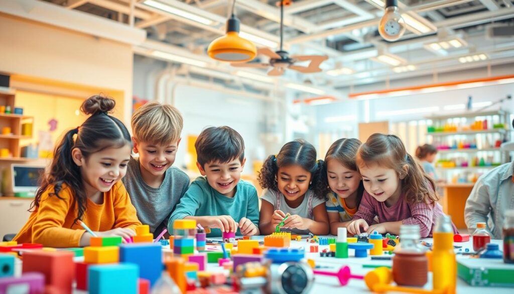 A vibrant, whimsical scene depicting STEAM education. In the foreground, a group of diverse students collaborate on a hands-on project, their faces alight with curiosity and wonder. The middle ground showcases an array of colorful, interactive educational tools and materials - blocks, gears, circuits, and art supplies. In the background, a sprawling, futuristic laboratory with gleaming technology and cutting-edge scientific equipment. The lighting is warm and inviting, casting a soft, ethereal glow over the entire scene. The composition is dynamic, with a sense of energy and excitement, conveying the joy and creativity inherent in the STEAM approach to learning.