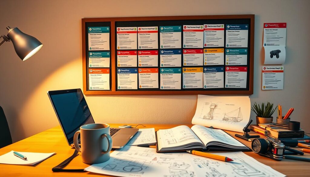 A vibrant workspace with a desk showcasing a laptop, coffee mug, and an open notebook, surrounded by engineering tools and design sketches. In the background, a wall-mounted bulletin board displays a variety of mechanical engineering job postings, each with a distinct color-coding system. The lighting is warm and inviting, creating a productive and focused atmosphere. The camera angle is slightly elevated, providing a comprehensive view of the scene, capturing the essence of the job search process for recent mechanical engineering graduates.