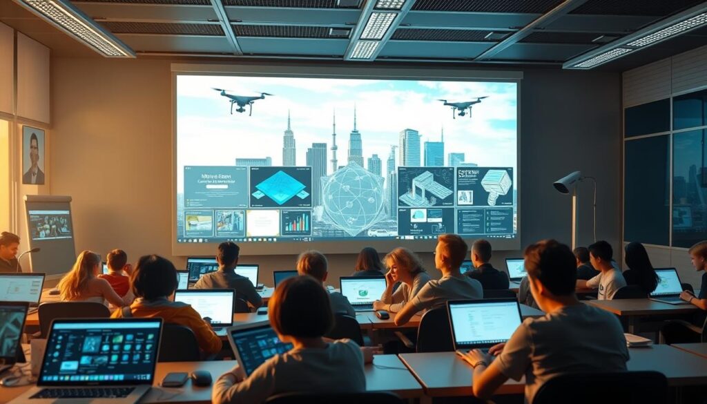 A virtual classroom filled with holographic displays, laptops, and interactive whiteboards. In the foreground, students engage in collaborative STEM projects, their faces illuminated by the glow of screens. The middle ground showcases various online learning platforms, each with a distinct interface and focus, from coding bootcamps to 3D modeling tutorials. The background depicts a futuristic cityscape, with skyscrapers and drones, symbolizing the integration of technology in modern education. Soft, warm lighting creates an inviting atmosphere, conveying the accessibility and convenience of STEM online learning.