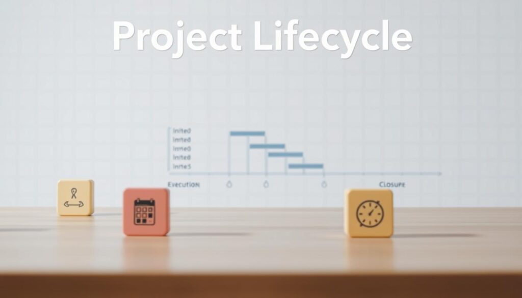 A visual representation of the project lifecycle stages, depicted in a clean, minimalist style. The foreground features distinctive icons or symbols for each stage - initiation, planning, execution, monitoring and controlling, and closure. The middle ground showcases a simplified Gantt chart or timeline, visually mapping the progression through the stages. The background has a subtle grid or blueprint pattern, conveying a sense of structure and organization. The lighting is soft and diffused, creating a calm, professional atmosphere. The camera angle is slightly elevated, providing an overview of the project management process.