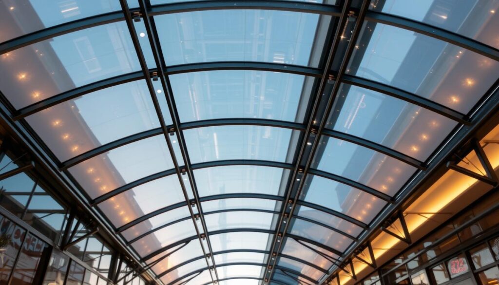 A visually striking structural glass canopy, its sleek and modern design showcasing innovative architectural elements. The canopy's panels appear seamless, gently curving overhead to create a naturally lit, airy ambiance. Warm, soft lighting filters through the translucent glass, casting a captivating glow over the surrounding space. Intricate metal frames and supports blend elegantly, complementing the overall aesthetic. The canopy's layout features a balanced, symmetrical composition, enhancing its visual appeal. This striking display exemplifies the latest trends in structural glass canopy design, elevating outdoor spaces with a harmonious blend of functionality and aesthetic brilliance.