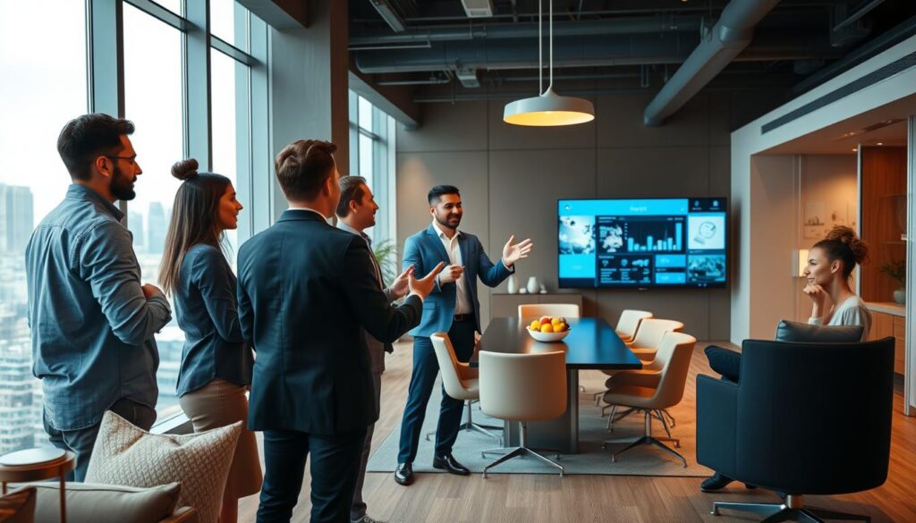 A warm, inviting office space filled with collaborative energy. In the foreground, a professional team engaged in a dynamic discussion, gesturing animatedly as they review project details on a large touchscreen display. In the middle ground, a modern conference table surrounded by comfortable chairs, creating an atmosphere of open communication. The background features floor-to-ceiling windows, allowing natural light to flood the room and showcase the stunning cityscape beyond. Soft, diffused lighting casts a welcoming glow, while sleek, minimalist furniture and decor convey a sense of sophistication and attention to detail. This is a space designed to foster productive client relationships, where ideas flow freely and trust is built through open dialogue.