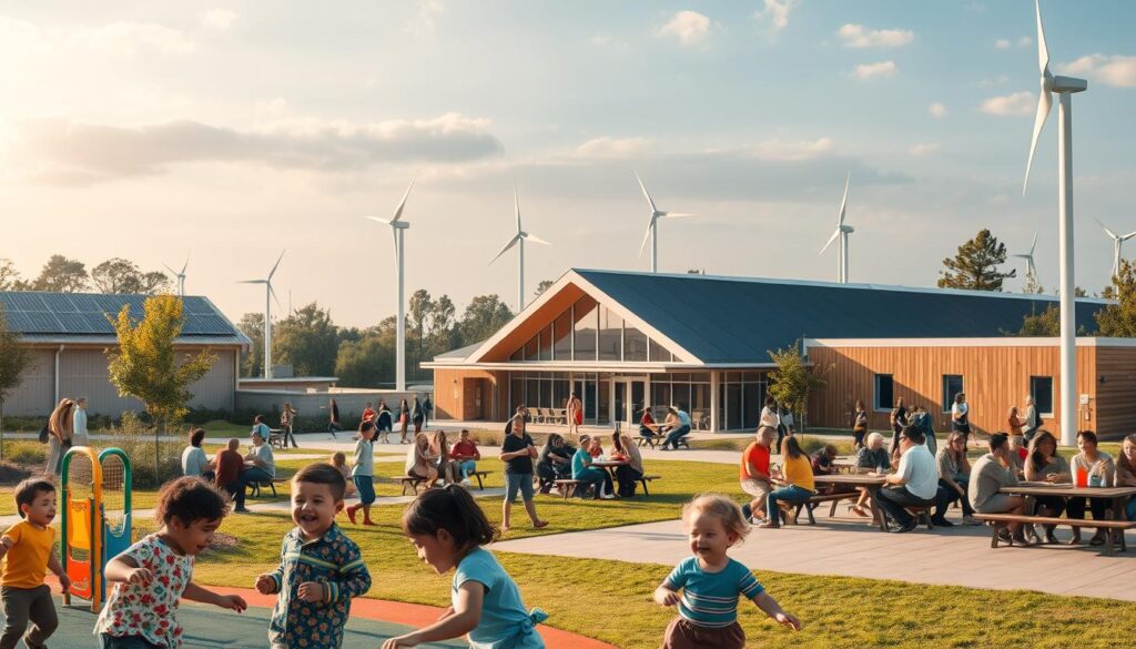 A warm, inviting public space where diverse community members gather. In the foreground, a group of children play on a colorful, inclusive playground, their laughter filling the air. In the middle ground, people of all ages sit on benches or at picnic tables, engaged in conversation and sharing a meal. Overhead, solar panels and wind turbines harness renewable energy, powering the community center in the background, its modern, energy-efficient design blending seamlessly with the natural landscape. Soft, diffused lighting creates a sense of belonging and well-being, as the scene conveys the harmony of engineering innovations working in service of the community's needs and aspirations.
