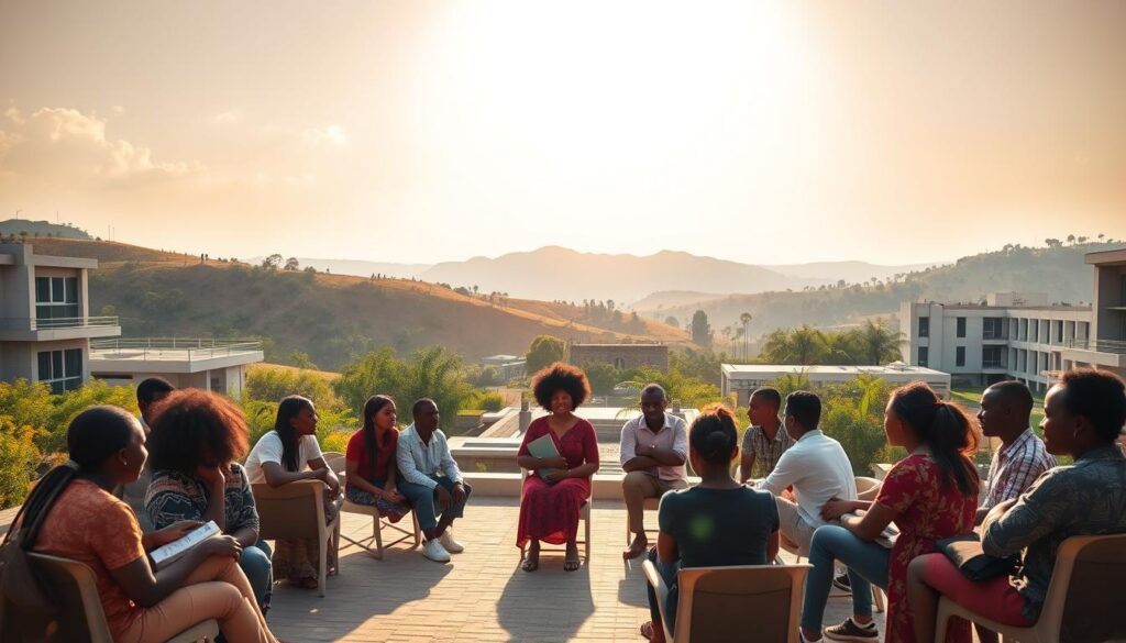 A warm, sun-drenched African landscape, with rolling hills and lush greenery in the background. In the foreground, a group of diverse students, representing various African nationalities, sit together in a campus courtyard, engaged in discussions about their civil engineering internship opportunities. They are surrounded by modern university buildings and infrastructure, symbolizing the advancements in education and development across the continent. The scene conveys a sense of collaboration, ambition, and a shared commitment to building a better future for Africa through innovative engineering projects. The lighting is soft and natural, creating a sense of hope and optimism.