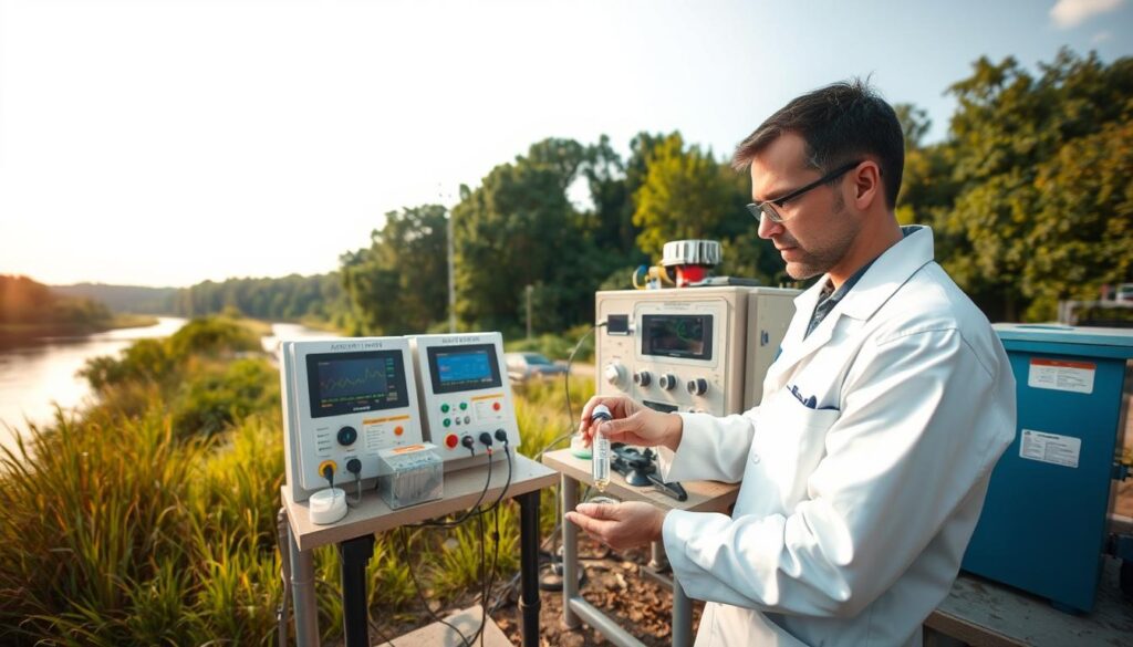 A water quality monitoring station situated on the banks of a pristine river. In the foreground, a technician in a lab coat carefully collects a water sample, using specialized equipment to measure pH, dissolved oxygen, and other key parameters. The middle ground features an array of testing instruments and displays, providing real-time data on the river's condition. In the background, lush greenery and a cloudless sky create a serene, natural setting, emphasizing the importance of maintaining water quality for the surrounding ecosystem. The scene is illuminated by warm, diffused sunlight, captured with a wide-angle lens to convey a sense of depth and environmental context.
