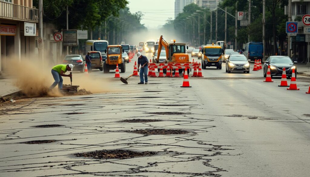 A weather-worn city street, its asphalt pockmarked with cracks and potholes. In the foreground, construction workers toil, wielding jackhammers and shovels, their efforts obscured by a cloud of dust. The middle ground reveals a jumble of construction equipment - backhoes, pavement saws, and traffic cones - all vying for space on the confined roadway. In the distance, vehicles navigate the disrupted flow, their headlights cutting through the haze. The overall scene conveys the challenges of pavement rehabilitation - the need to balance ongoing infrastructure maintenance with the demands of urban traffic and commerce.