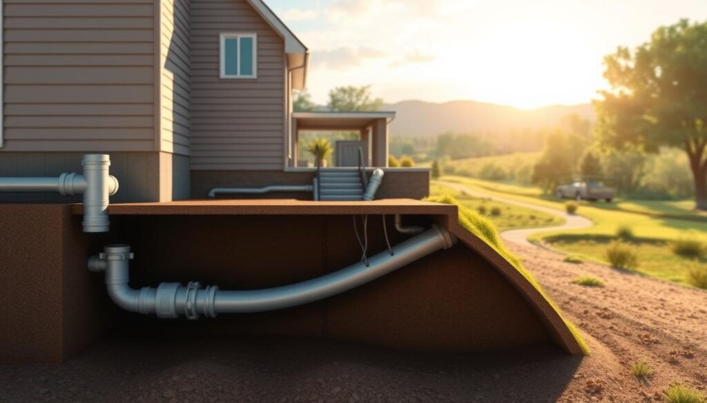 A well-designed drainage system with the proper slope, captured in a detailed architectural illustration. The foreground showcases a cross-section of a residential plumbing system, highlighting the gradual incline of the drainage pipes. The middle ground features a cutaway view of a building's foundation, revealing the intricate network of underground pipes and their strategic positioning. The background depicts a serene, sun-dappled landscape, emphasizing the importance of efficient drainage in maintaining a healthy, thriving environment. The lighting is soft and natural, casting gentle shadows that accentuate the technical details. The overall mood is one of precision, function, and the harmonious integration of built and natural elements.