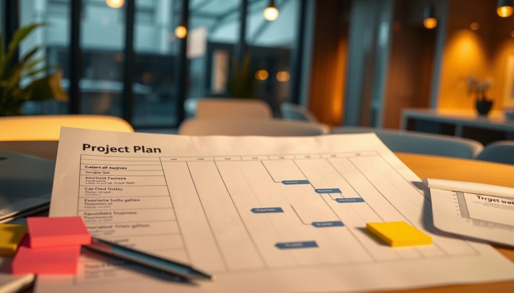 A well-designed project plan with a clear scope and defined goals takes center stage, illuminated by warm, diffused lighting. In the foreground, a neatly organized Gantt chart lays out key milestones and timelines. Surrounding it, a collection of sticky notes, a pen, and a thoughtful expression convey the careful planning and attention to detail. In the background, a sleek, minimalist office space with large windows suggests a professional, collaborative environment. The overall mood is one of focus, organization, and a commitment to achieving project success.