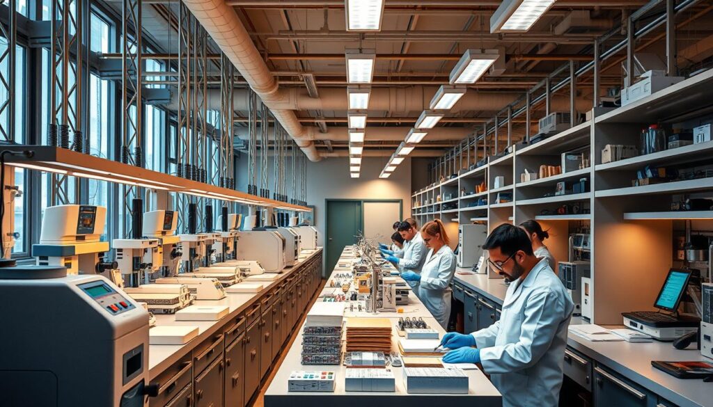 A well-equipped civil engineering laboratory, with technicians in white coats meticulously examining a variety of construction materials under the warm glow of task lighting. Rows of test equipment line the countertops, including compression machines, material analyzers, and digital readout displays. The scene conveys a sense of precision, scientific rigor, and a commitment to ensuring the safety and quality of new civil engineering innovations. The overall atmosphere is one of focused, professional inquiry, highlighting the essential role of materials testing in the development of cutting-edge construction technologies.
