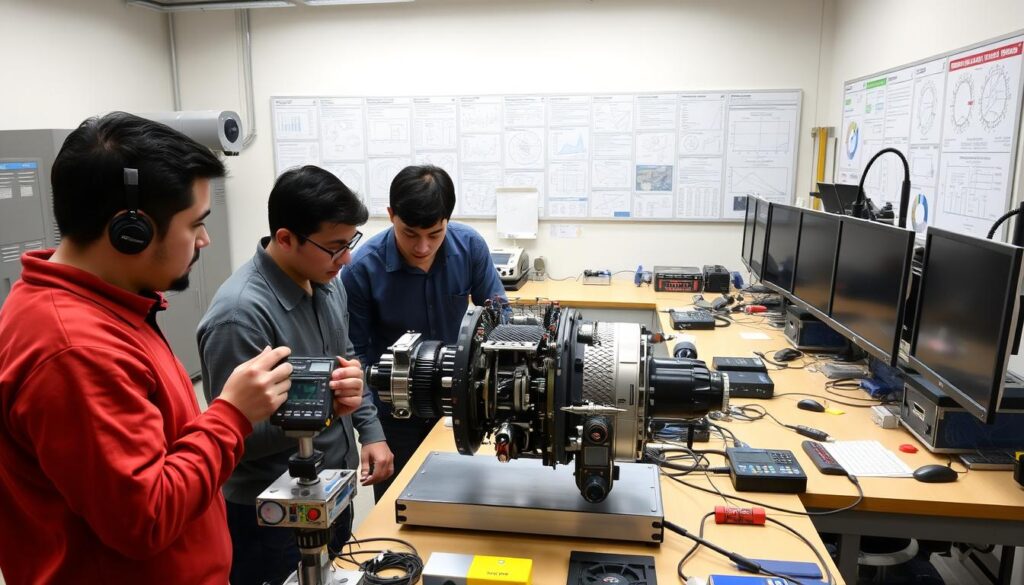 A well-equipped engineering lab with state-of-the-art testing equipment. In the foreground, a team of engineers closely examining a complex mechanical device, their faces focused and determined. In the middle ground, various measurement instruments and diagnostic tools are neatly arranged on workbenches, indicating a methodical approach to data collection. The background features a wall of informative charts, graphs, and schematics, suggesting a thorough analysis and evaluation process. The lighting is bright and even, casting a professional, clinical atmosphere. The overall scene conveys a sense of diligent, collaborative effort towards perfecting the capstone project.
