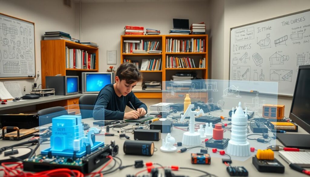 A well-equipped engineering lab with various IoT devices and sensors. In the foreground, a student works intently on a circuit board, surrounded by a diverse array of gadgets and components. The middle ground features 3D-printed IoT prototypes and a holographic display showcasing real-time data visualizations. The background is filled with a wall-mounted whiteboard covered in diagrams and sketches, as well as bookshelves stocked with engineering textbooks and technical manuals. Soft, indirect lighting creates a focused, academic atmosphere, while the overall scene conveys a sense of curiosity, innovation, and hands-on learning.