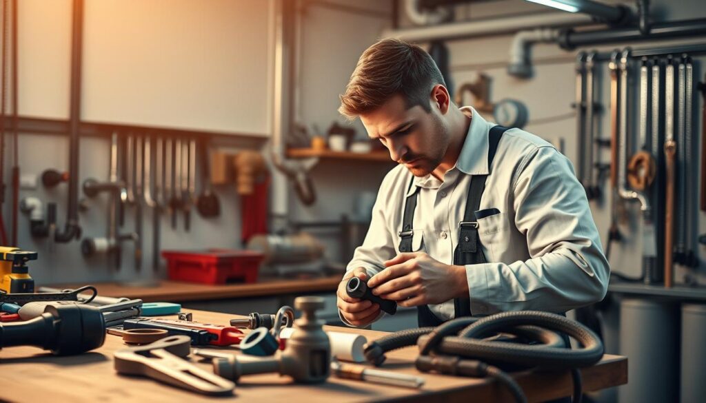A well-equipped professional plumber's workshop, bathed in warm, diffused lighting that casts soft shadows. The foreground features a variety of specialized tools neatly organized on a workbench, including a basin wrench, pipe cutter, and plumber's snake. In the middle ground, a skilled plumber in a clean, pressed uniform expertly examines a section of pipe, brow furrowed in concentration. The background showcases a selection of high-quality plumbing fixtures and fittings, hinting at the comprehensive services offered. The overall scene conveys the expertise, attention to detail, and reliable professionalism of a trusted plumbing service provider.