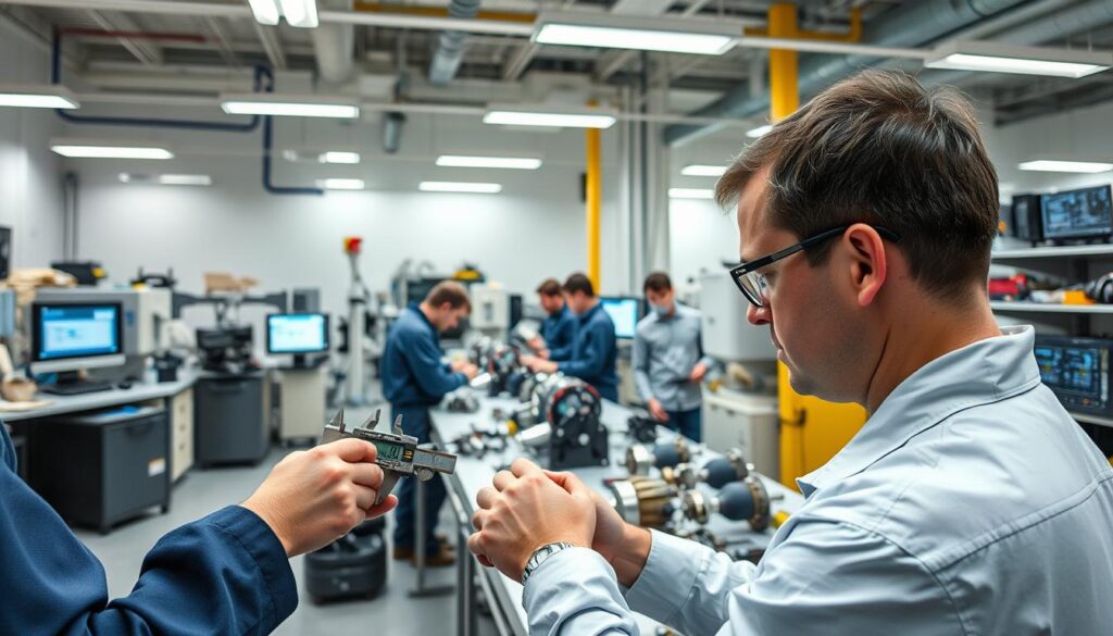 A well-equipped quality control laboratory with state-of-the-art equipment and meticulous technicians inspecting mechanical parts under bright, evenly distributed lighting. In the foreground, an engineer carefully measures the dimensions of a metal component using a digital caliper. In the middle ground, a team of technicians examines other parts on a clean, organized workbench, while in the background, various testing instruments and computer displays provide data analysis. The overall atmosphere conveys a sense of precision, attention to detail, and a commitment to maintaining engineering excellence.
