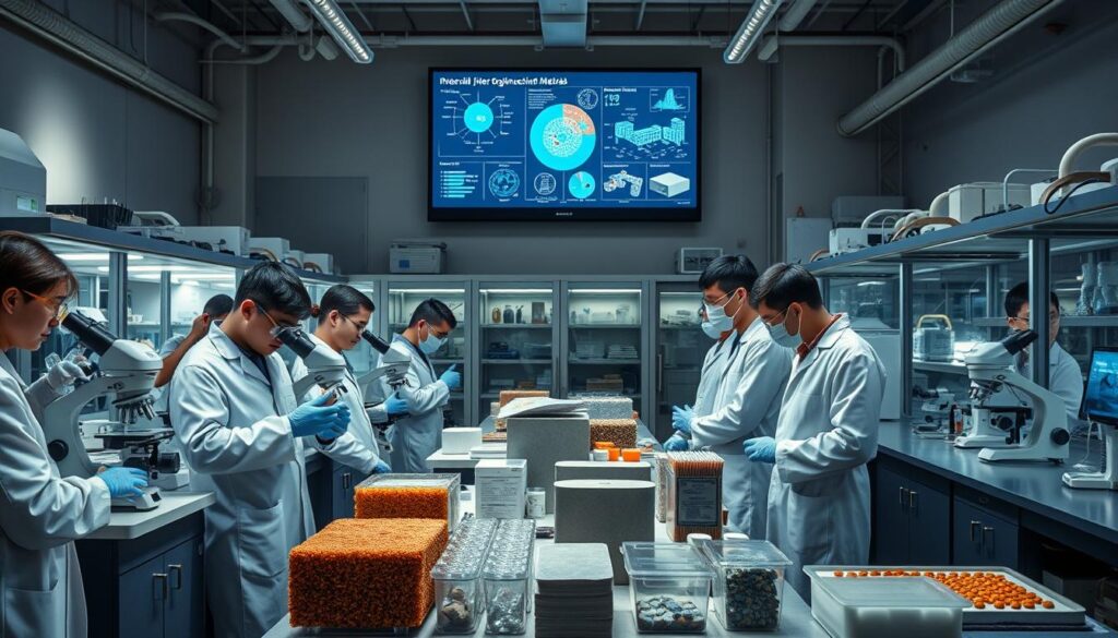 A well-equipped university laboratory, filled with advanced scientific equipment and materials. The foreground features a group of researchers in lab coats and safety goggles, intently studying samples under high-powered microscopes. The middle ground showcases a range of cutting-edge building materials, including carbon fiber composites, smart concrete, and innovative insulation. In the background, a large display screen presents data visualizations and diagrams, highlighting the latest breakthroughs in material science research. Soft, directional lighting creates a contemplative atmosphere, emphasizing the collaborative, intellectual nature of the scene. The overall impression conveys a sense of innovation, discovery, and the vital role of education in driving civil engineering material advancements.