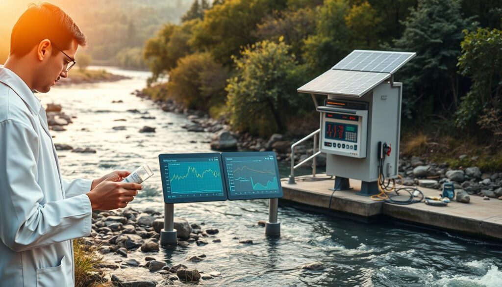 A well-equipped water quality monitoring station, situated near a flowing river. In the foreground, a scientist in a white lab coat carefully collects a water sample, using a high-precision testing kit. The middle ground features a series of digital display panels, showing real-time data on turbidity, pH levels, and other crucial parameters. In the background, a modern, solar-powered control center stands tall, its sleek design blending seamlessly with the natural landscape. Warm, natural lighting illuminates the scene, conveying a sense of diligence and environmental awareness. The overall atmosphere is one of scientific precision and environmental stewardship, reflecting the importance of ongoing water quality monitoring in the sustainable management of water resources.