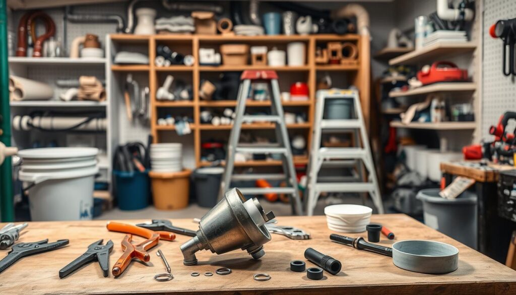 A well-lit DIY plumbing workshop with a focus on repairing a dripping showerhead. In the foreground, a disassembled showerhead sits on a workbench, surrounded by various plumbing tools like pliers, wrenches, and a basin. The middle ground features a sturdy stepladder, a bucket, and a few spare washers and o-rings, hinting at the step-by-step process. The background showcases organized shelves stocked with a variety of pipes, fittings, and other plumbing supplies, conveying a sense of preparedness and professionalism. The lighting is bright and even, casting a warm, focused glow on the work area, creating a welcoming and informative atmosphere for a beginner-friendly plumbing repair.