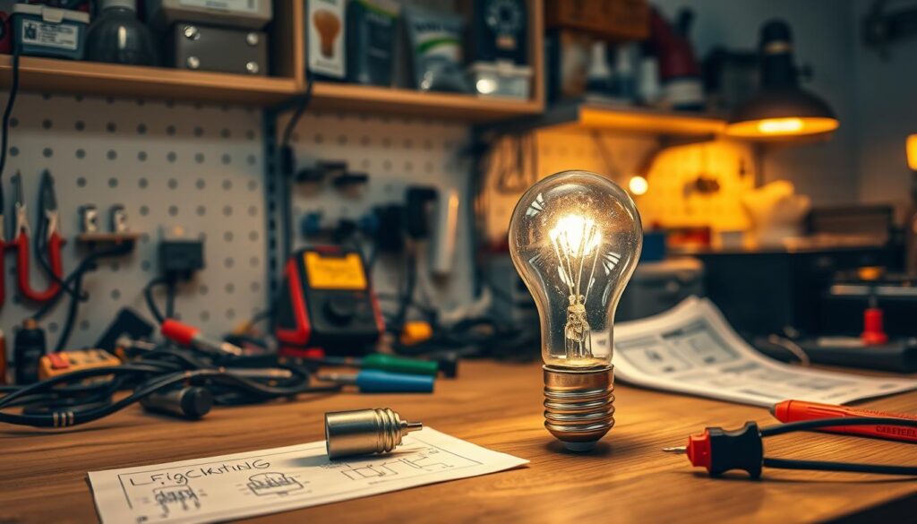 A well-lit DIY workbench, with a set of electrical tools and components neatly arranged. In the foreground, a flickering light bulb sits on the desk, surrounded by a few diagrams and notes on troubleshooting common lighting issues. The background features shelves stocked with various electrical supplies, casting a warm, inviting glow. The overall scene conveys a sense of practical problem-solving, with a focus on the specific task of repairing flickering lights.