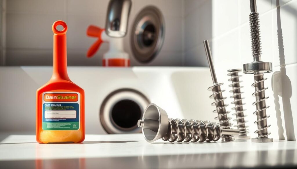 A well-lit and detailed image showcasing various clogged drain solutions. In the foreground, a hand-held plunger and a bottle of chemical drain cleaner are prominently displayed. In the middle ground, a set of metal drain snakes or augers of different sizes are arranged neatly. In the background, a bathroom sink with a partly visible drain is shown, hinting at the clogged drain problem. The lighting is bright and natural, casting soft shadows to accentuate the textures and materials of the objects. The overall mood is one of problem-solving and DIY home maintenance, conveying the practical solutions a homeowner can employ to clear a clogged drain.