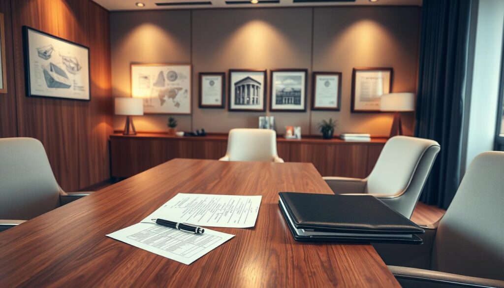 A well-lit and meticulously composed office interior, with a wooden desk and comfortable chairs. On the desk, a portfolio, a pen, and a tablet, suggesting preparation for a job interview. The walls are adorned with architectural drawings and certificates, reflecting the civil engineering expertise of the interviewee. Warm, professional lighting casts a soft glow, creating an atmosphere of confidence and competence. The scene conveys a sense of diligence, attention to detail, and the candidate's readiness to showcase their qualifications and skills during the upcoming job interview.