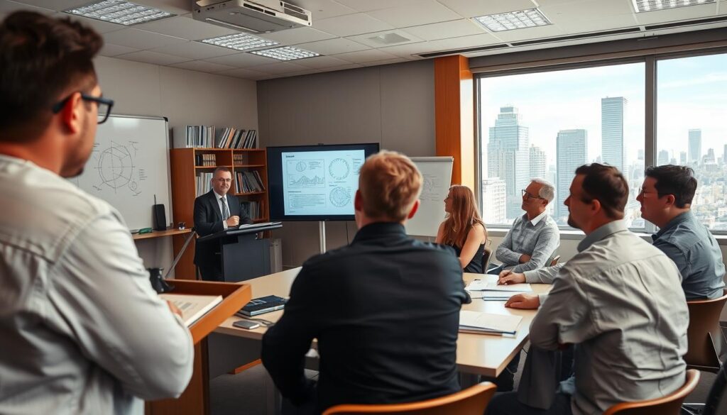 A well-lit and neatly organized classroom setting, with a group of civil engineers engaged in a continuing education seminar. The foreground features a presenter at a podium, using a projector to display technical diagrams and schematics. The middle ground shows the attentive audience, taking notes and discussing the material. The background depicts shelves of engineering reference books, a whiteboard, and a large window overlooking a bustling city skyline. The scene conveys a sense of professional development, knowledge-sharing, and a commitment to upholding the highest standards in the civil engineering field.