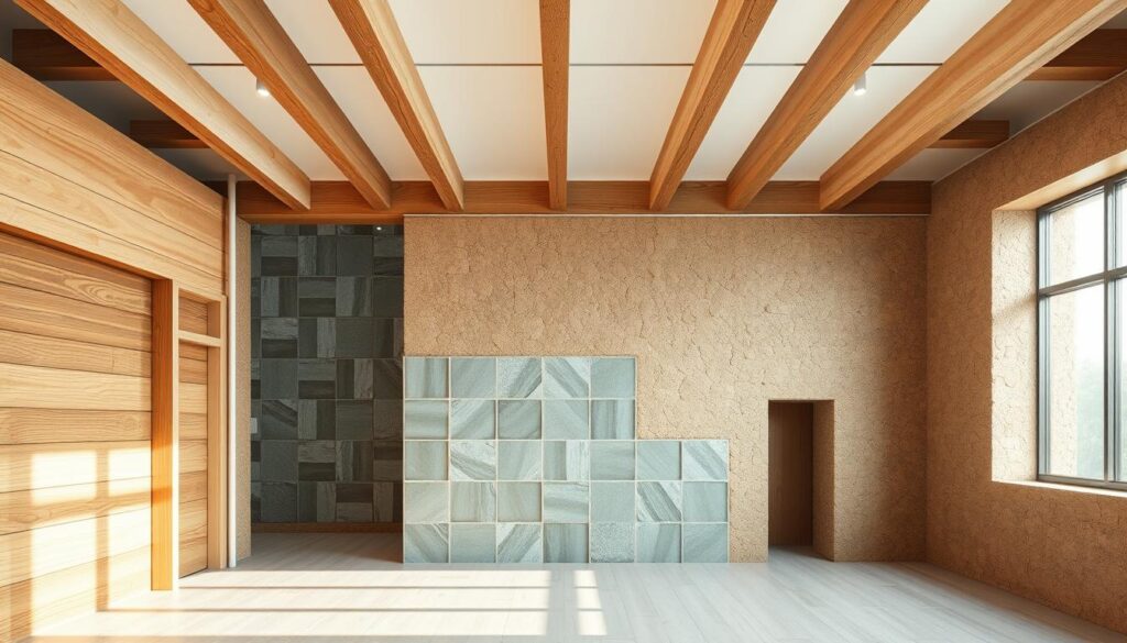 A well-lit architectural interior showcasing a range of sustainable building materials. In the foreground, natural wood panels and beams create a warm, organic ambiance. Midground features recycled glass tiles, their translucent surfaces catching the soft, diffused lighting. In the background, an array of hemp-based insulation blocks and rammed earth walls add textural contrast. The scene conveys a sense of environmental consciousness and material innovation, with clean lines and a modern, minimalist aesthetic. The lighting is soft and even, accentuating the natural tones and textures of the sustainable materials. Overall, the image embodies the principles of green building design and sustainable material selection.