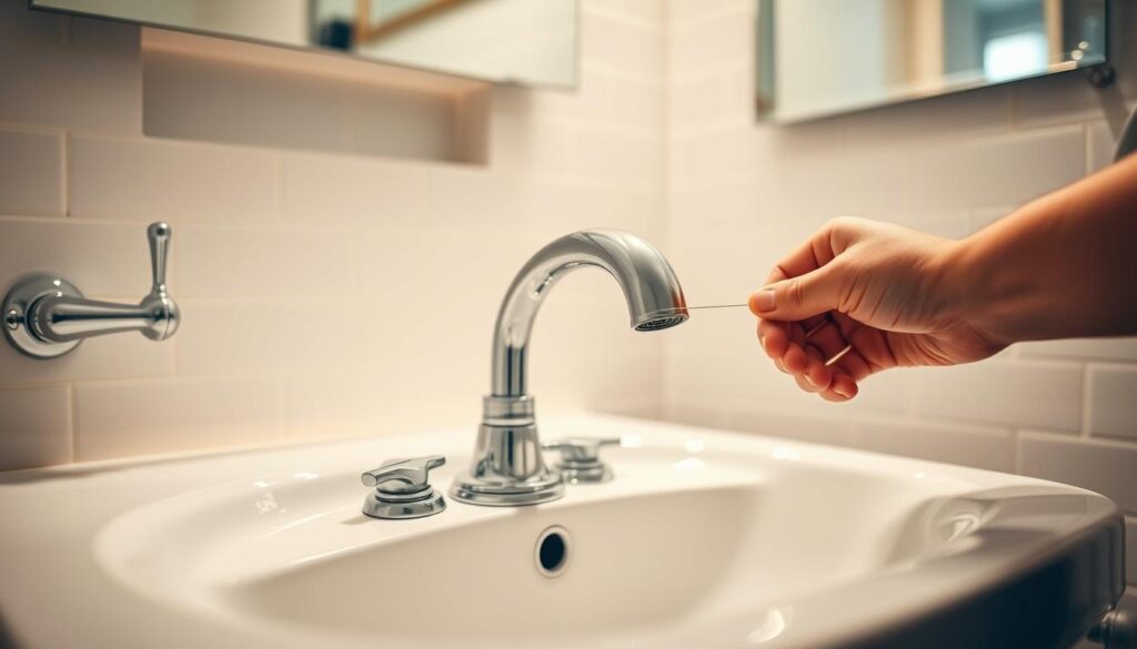 A well-lit bathroom interior, focused on a chrome faucet installation in progress. The faucet sits atop a pristine white sink, surrounded by gleaming chrome plumbing fixtures. In the foreground, a pair of hands carefully tightens the faucet's mounting nuts, while the background showcases subway tile walls and a recessed vanity mirror. Soft, diffused lighting creates a warm, inviting atmosphere, accentuating the metallic finishes. The image conveys a sense of careful, methodical plumbing work, suitable for illustrating a "Replacing a Faucet" tutorial.