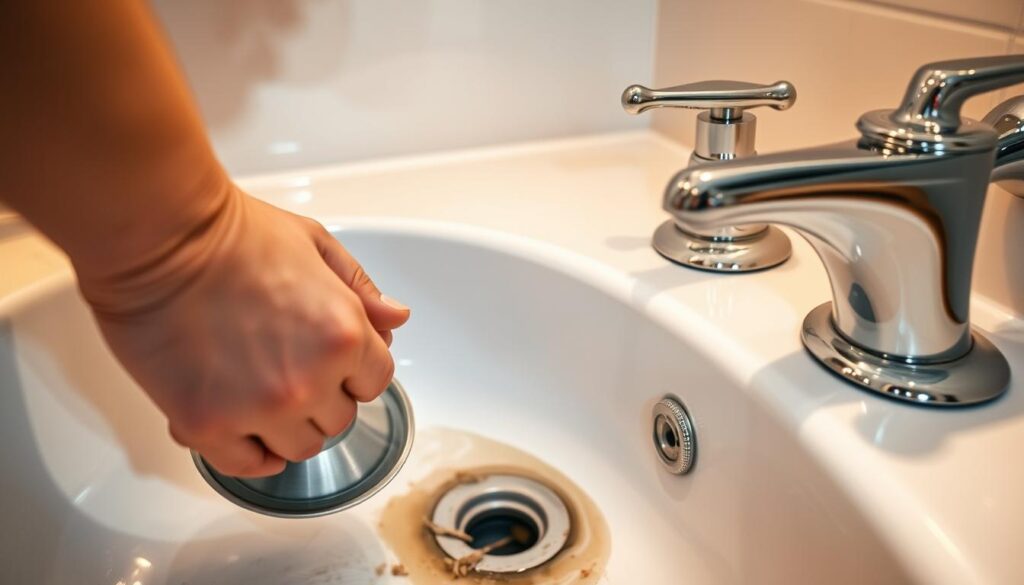 A well-lit bathroom interior with a close-up view of a person's hands using a plunger to unclog a sink drain. The drain is partially clogged, with visible debris and water buildup. Bright, warm lighting illuminates the scene, casting reflections on the polished chrome fixtures. The person's expression conveys focus and determination as they work to clear the blockage. The background is slightly blurred, emphasizing the foreground action. The overall mood is one of problem-solving and practical household maintenance.